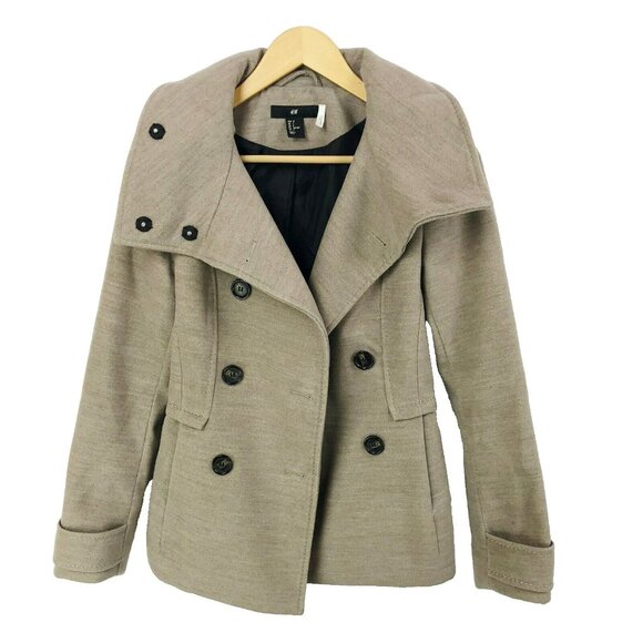 H&M Peacoat Jacket Womens Size 2 Double Breasted Tan Beige - Picture 1 of 6